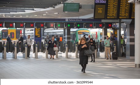LONDON, UK - SEPTEMBER 14, 2015: London Bridge train station arrival hall with tickets barrier