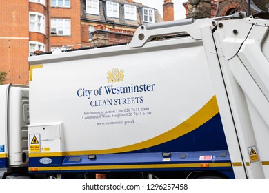 London, UK - September 14, 2018: Closeup Of Sign On Westminster City Clean Street Garbage Truck Cleaning Rubbish Streets In Pimlico During Day