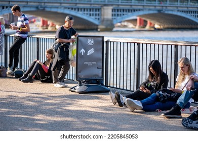 London, UK - September 14, 2022: A Sign For The Lying In State Queue Along The South Bank Of The River Thames