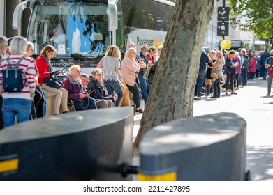 London, UK - September 14, 2022: A Queue Of People On South Bank Waiting To See The Queen Lying In State In Westminster Hall