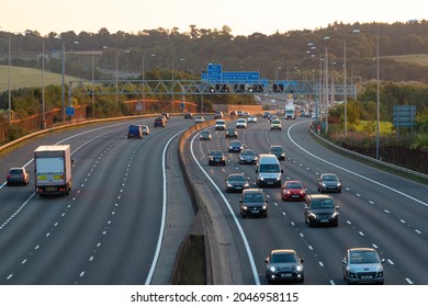 LONDON, UK - SEPTEMBER 20, 2021: British Road Transport. Evening Traffic On Busiest British Motorway M25