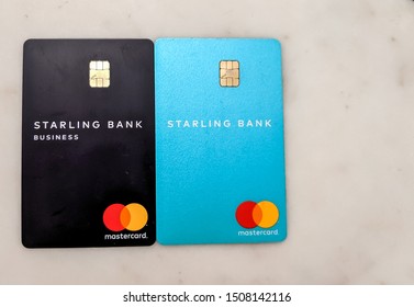 London, UK - September 2019: STARLING Business And Personal Banking Credit Card. Mastercard Logo. Black And Blue Plastic Credit Card. New Challenger Bank Fintech With Mobile App