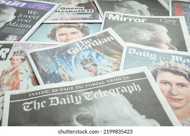 LONDON, UK - September 2022: Front Covers Of National Newspapers Pay Tribute To The Queen After Her Death