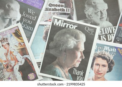 LONDON, UK - September 2022: Front Covers Of National Newspapers Pay Tribute To The Queen After Her Death