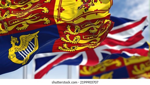 London, UK, September 2022: The Royal Standard of the United Kingdom waving the wind along with the UK flag - Shutterstock ID 2199903707