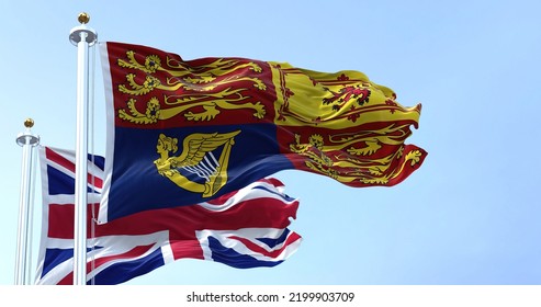 London, UK, September 2022: The Royal Standard of the United Kingdom waving the wind along with the UK flag - Shutterstock ID 2199903709