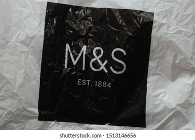 London, UK, September 23, 2019: Close up of a M&S (Marks and Spencer) bag with logo on in 