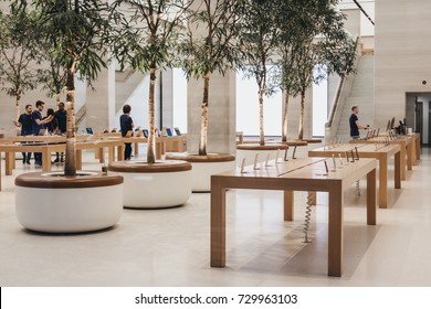 LONDON, UK - SEPTEMBER 24, 2017: Interior of The Apple Store on Regent Street, London that recently had a refurbishment. Regent Street was Apple’s first store in Europe. 