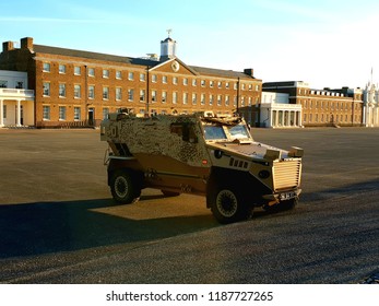 London, UK, September 25th 2018: Army Truck Parked Up In Front Of A Building In London, Against Blue Sky 