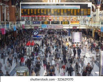 LONDON, UK - SEPTEMBER 28, 2015: Travellers At Liverpool Street Station Multi Exposure Time Lapse