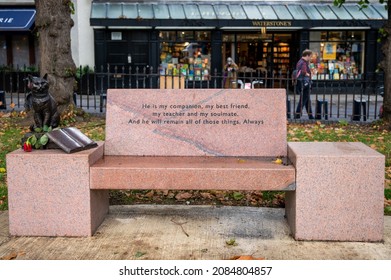 London, UK - September 28th 2021: Granite Park Bench Dedicated As A Memorial To A Street Cat Named Bob