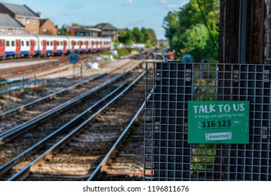 London / UK - September 29th 2018: Samaritans Suicide Help Line By Tracks At Richmond Station