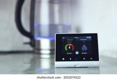 London  UK - September 30, 2021: A Smart Meter With Kettle Boiling In The Background