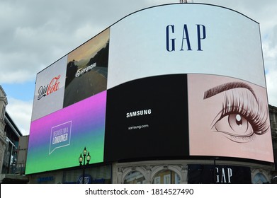 London, UK. September 5, 2020: Advertising campaigns shown on the digital billboards at Piccadilly Circus