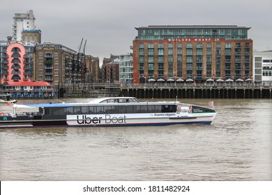 London / UK - September 8 2020: Uber Clipper Boat, River Thames, London