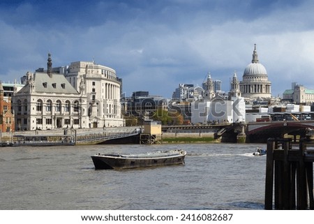 London UK skyline. Blackfriars Bridge and Victoria Embankment. North Bank of river Thames.