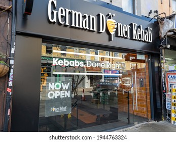 London. UK-03.27.2021: A Branch Of The Restaurant Chain German Doner Kebab Showing The Company Logo And Name Sign. A Relatively New Entrance To The Fast Food Hospitality Market.