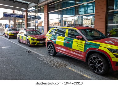 London. UK-03.27.2021: Some Vehicles Of The Advanced Trauma Team In The Royal London Hospital Which Supports The London Air Ambulance Service.