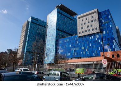 London. UK-03.27.2021: A Street View Of The Royal London Hospital, Part Of The Barts Health HNS Trust. A Large Hospital In East London With A Roof Top Helipad For The Air Ambulance Service.