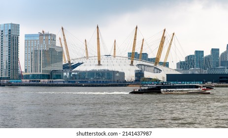 London. UK-03.30.2022. Exterior View Of The O2 Arena By The Thames River In Greenwich With The Recent Storm Damage Still Visible.