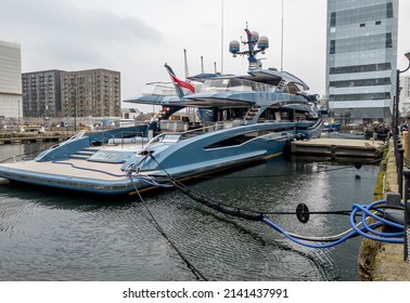 London. UK-03.30.2022. The Super Yacht PHI Valletta In West Indian Dock, Canary Wharf. Owned By A Unknown Russian Billionaire Recently Seized By The British Government.