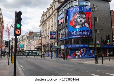 London. UK-05.16.2020: A Deserted Shaftesbury Avenue In An Area Of The West End Known As London Theatre Land.The Covid -19 Pandemic Lockdown Have Closed All Theatres And Is Causing Hardship.