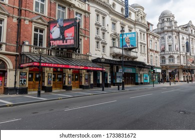 London. UK-05.16.2020: A Deserted Shaftesbury Avenue In An Area Of The West End Known As London Theatre Land.The Covid -19 Pandemic Lockdown Have Closed All Theatres And Is Causing Hardship.