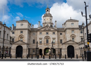 London. UK-05.23.2020: exterior view of the Household Cavalry Museum and Horse Guards Parade in Whitehall. The Household Cavalry is the Queen's official bodyguard.