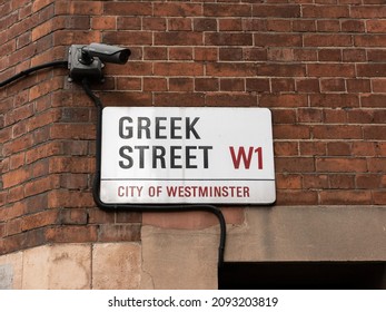 London, UK-09.10.21: Greek Street Name Sign, City Of Westminster, London, UK