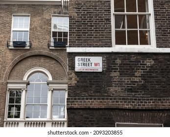 London, UK-09.10.21: Greek Street Name Sign, City Of Westminster, London, UK