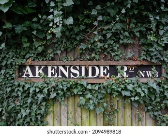 London, UK-22.12.21: Akenside Road Name Sign, Borough Of Hampstead, London, UK