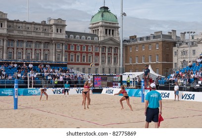 LONDON, UK-AUGUST 10:  from left to right, Heather Lowe, Tealle Hunkus, Lucy Boulton and Denise Johns playing in the London Prepares  Visa Beach Volleyball International, Horse Guards Parade. August 10, 2011 in London UK