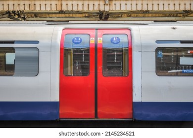 A London Underground tube train carriage with doors closed