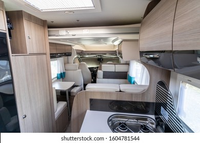 London, United Kingdom/ 01 January 2020: Chausson flash motorhome ,campervan , inside picture .