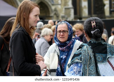 London / United Kingdom - 04.24.2018: Members Of Diverse Public Unveiling Of  Statue Of Suffragette Millicent Fawcett , Parliament Square