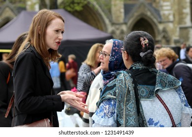 London / United Kingdom - 04.24.2018: Members Of Diverse Public Unveiling Of  Statue Of Suffragette Millicent Fawcett , Parliament Square