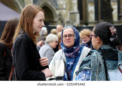 London / United Kingdom - 04.24.2018: Members Of Diverse Public Unveiling Of  Statue Of Suffragette Millicent Fawcett , Parliament Square