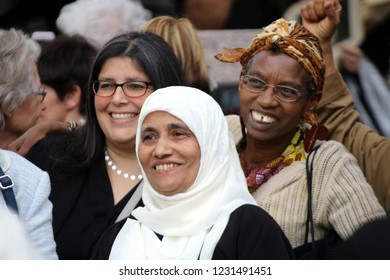 London / United Kingdom - 04.24.2018: Members Of Diverse Public Unveiling Of  Statue Of Suffragette Millicent Fawcett , Parliament Square