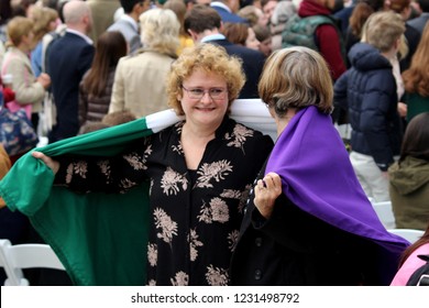 London / United Kingdom - 04.24.2018: Women Wearing The Suffrage Flag At The Unveiling Of The Statue Of Suffragette Millicent Fawcett At The Parliament Square