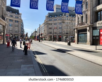 London / United Kingdom - 05/28/2020: Empty Streets Of Oxford Circus During The Coronavirus Lockdown In London On A Sunny Day