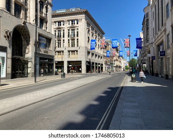 London / United Kingdom - 05/28/2020: Empty Streets Of Oxford Circus During The Coronavirus Lockdown In London On A Sunny Day