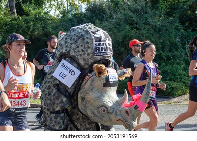 London, United Kingdom; 10 04 2021: London Marathon. Runner Dressed As A Rhinoceros