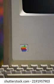 London, United Kingdom - 11.08.2022 : A Close Up Of A Vintage Macintosh Computer From The 80s, Rainbow Apple Logo