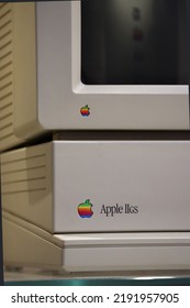 London, United Kingdom - 11.08.2022 : A Close Up Of A Vintage Macintosh Computer From The 80s, Rainbow Apple Logo