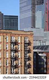 London, United Kingdom - 11.08.2022 : A Close Up Of A Residential Building In London City, With Financial Center In The Background