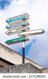 London, United Kingdom. 11th June 2022. Low Angle View Of A Directional Sign Post, For Places Of Interest Located On South Bank Near The Royal Festival Hall.