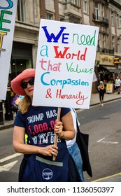 London, United Kingdom, 13th July 2018:Placards carried by anti Donald Trump protesters marching in central London