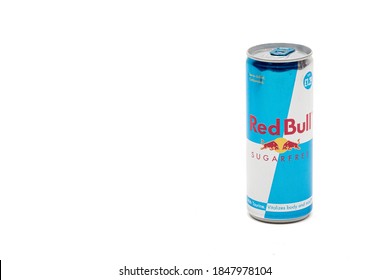 London, United Kingdom, 14th October 2020:- A Can Of Red Bull Sugar Free Energy Drink Isolated On A White Background