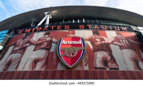LONDON, UNITED KINGDOM - 15 OCT 2016: Outside view of Emirates Stadium,the home ground for Arsenal Football Club. With a capacity of over 60,000, it is the third-largest football stadium in England.