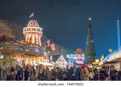 London, United Kingdom - 17 November 2017: People walking, shopping at Winter Wonderland, a Christmas Market in Hyde Park, London.